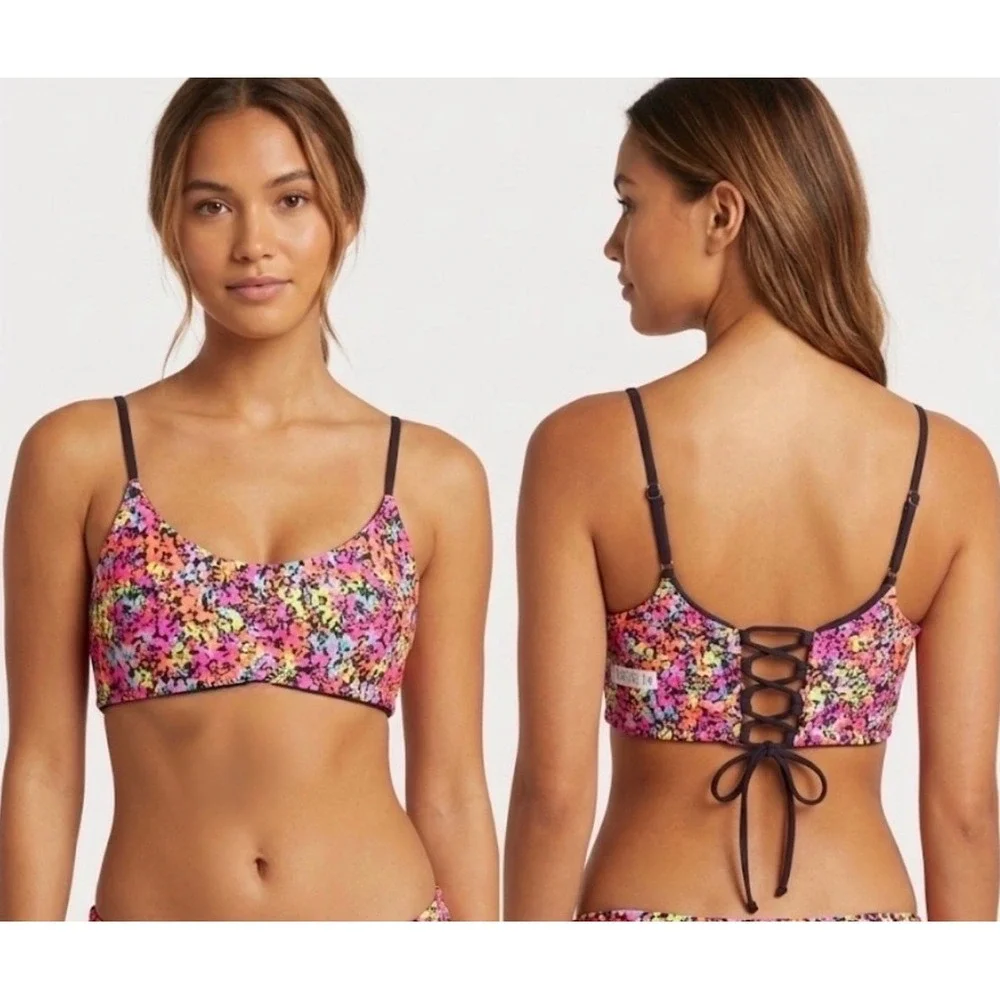 Maaji Neon Floral Lace Up Back Bikini Top Multicolored Swimwear Beach Size M NEW